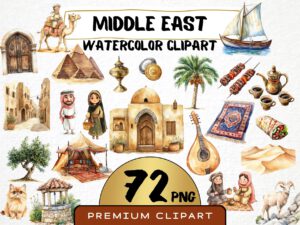 Watercolor Ancient Middle East Clipart 72 Png, Egypt Pyramid Illustration, Camel, Clay Pot, Digital Prints, Instant Download, Scrapbooking