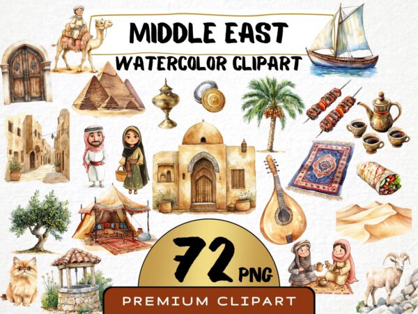 Watercolor Ancient Middle East Clipart 72 Png, Egypt Pyramid Illustration, Camel, Clay Pot, Digital Prints, Instant Download, Scrapbooking