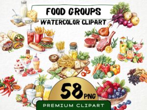 Watercolor Food Groups Clipart 58 Png, Cooking Ingredients Graphics, Healthy Vegetable Food Types Art, Pasta, Digital Prints, Commercial Use