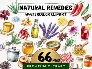 Watercolor Natural Remedies Clipart 66 Png, Homemade Medicine, Cooking Ingredients, Vegetable Food, Herbs Art Digital Prints, Commercial Use