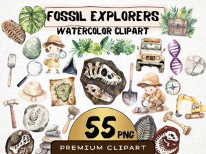 Watercolor Fossil Explorers Clipart 55 Png Cute Nursery Dino Bones Peleontology Clipart, Fossilized Stone, T-rex Dinosaur Instant Download