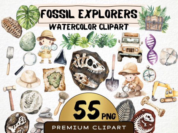 Watercolor Fossil Explorers Clipart 55 Png Cute Nursery Dino Bones Peleontology Clipart, Fossilized Stone, T-rex Dinosaur Instant Download