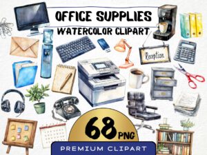 Office Supplies Clipart 68 Png, Watercolor In the office Corporate Business Illustration, Computer, Printer Digital Prints, Instant Download