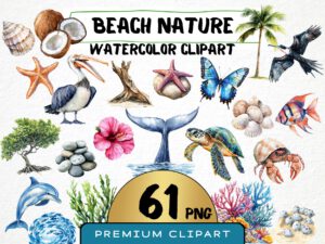 Watercolor Beach Nature Clipart 61 Png, Tropical Ocean, Summer Png, Marine Life Digital Prints, Commercial Use, Card Making Instant Download