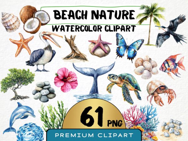 Watercolor Beach Nature Clipart 61 Png, Tropical Ocean, Summer Png, Marine Life Digital Prints, Commercial Use, Card Making Instant Download