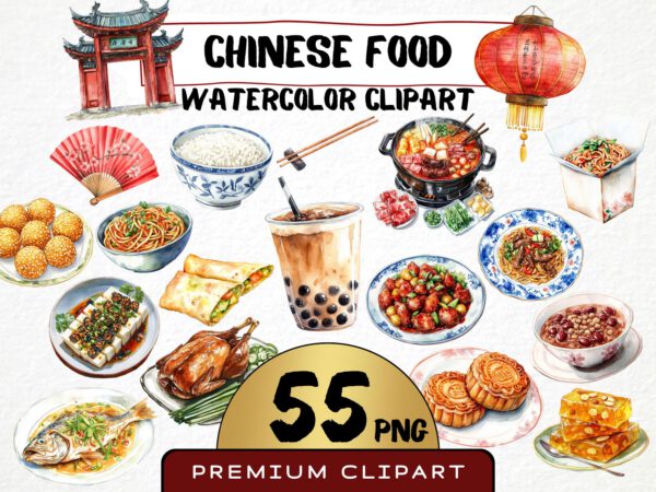 Watercolor Chinese Food Clipart 62 Png, Asian Kitchen Graphics, Rice China Food, Bubble Tee, Baozi Art, Digital Prints, Commercial Use
