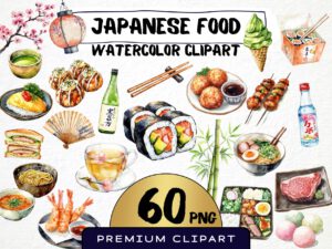 Watercolor Japanese Food Clipart 60 Png, Asian Kitchen Graphics, Sushi Japanese Food Traditional and Trend. Digital Prints, Commercial Use