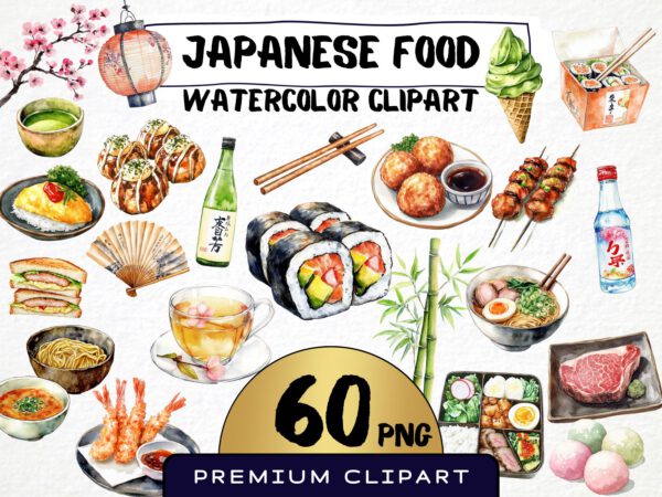 Watercolor Japanese Food Clipart 60 Png, Asian Kitchen Graphics, Sushi Japanese Food Traditional and Trend. Digital Prints, Commercial Use