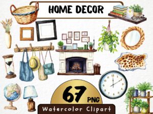 Home Decor Clipart 67 PNG, Cozy Living Watercolor Shelf Decor, Wall Art, Potted Plants, Candle, Boho Modern Home Download