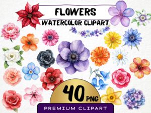 Flowers Clipart 40 Png, Watercolor Summer Colorful Flowers art, Roses Bouquet, Tulip, Spring Flower png, Cute Daisy, Floral Wreath Prints