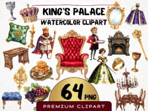 Watercolor King's Palace Clipart 64 Png, Royale Kingdom Clipart Fantasy King, Cute Princess Clipart Instant Download Crown Png, Junk Journal