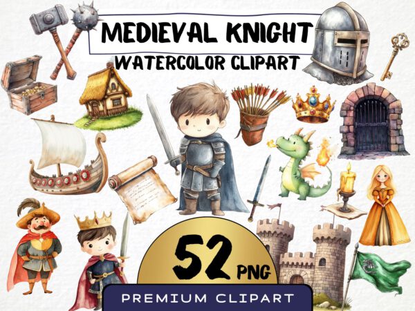 Watercolor Medieval Knight Clipart 52 Png, Middle Age Castle Clipart Fantasy King, Cute Princess Clipart Instant Download, Nursery Dragon