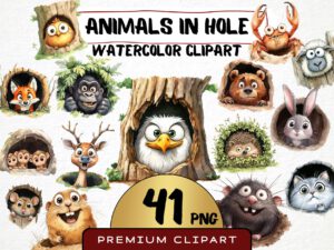 Funny Animals in Hole Clipart 41 Png, Cute Caricature Pets, Peeking Dog Watercolor, Quirky Monkey Cartoon, Digital Prints, Sticker Scrapbook