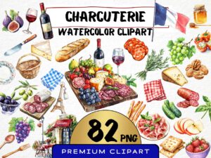 Watercolor Charcuterie Clipart 82 Png, French Cuisine Graphics, France Meat Food Picnic, Cheese, Baguette, Digital Prints, Commercial Use