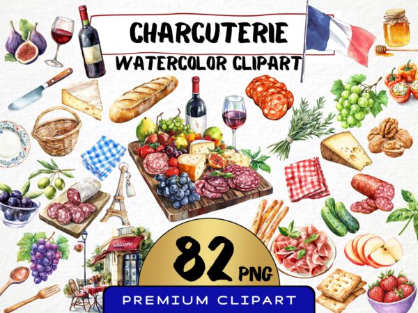 Watercolor Charcuterie Clipart 82 Png, French Cuisine Graphics, France Meat Food Picnic, Cheese, Baguette, Digital Prints, Commercial Use