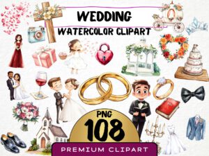 Watercolor Cute Wedding Clipart 108 Png, Cartoon Marriage Bridal shower Graphic, Save the Date Invitation, Digital Prints, Instant Download