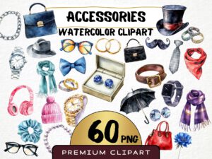 Accessories Clipart 60 Png, Luxury Items Watercolor Fashion Illustration, Girly Jewelry, Watch Clipart, Learning Material, Digital Download