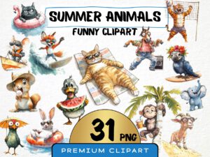 Funny Summer Animals Clipart 31 Png, Tropical Hawaii Beach Cat Watercolor, Quirky Dog Sunglasses, Vacation Cards Digital Prints Scrapbooking