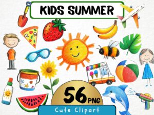 Cute Kids Summer Clipart 54 Png, Ice Cream Illustration, Sunshine Fruits, Beach Fun, Nursery Tropical Art,  Digital Prints, Commercial Use