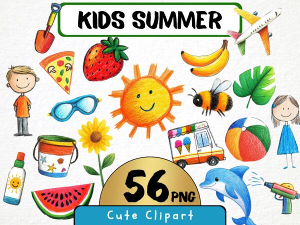 Cute Kids Summer Clipart 54 Png, Ice Cream Illustration, Sunshine Fruits, Beach Fun, Nursery Tropical Art,  Digital Prints, Commercial Use