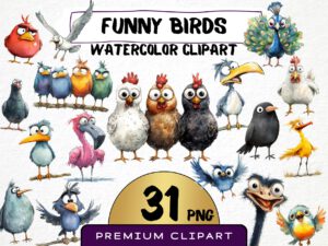 Funny Birds Clipart 31 Png, Cute Caricature Birds, Quirky Chicken Watercolor, Cartoon Parrot, Whimsical Birds on Branch, Digital Print