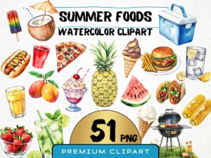 Watercolor Summer Food Clipart 51 Png, Ice Cream Illustration, Coconut Fruits Watermelon, BBQ Party Pizza Digital Prints, Commercial Use