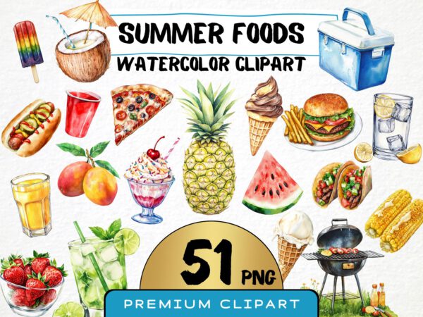 Watercolor Summer Food Clipart 51 Png, Ice Cream Illustration, Coconut Fruits Watermelon, BBQ Party Pizza Digital Prints, Commercial Use