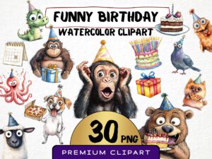 Funny Birthday Animals Clipart 30 Png, Silly B-day Party Hat Pets, Happy Birthday Greeting Card Graphic, cartoon quirky cat Digital Prints