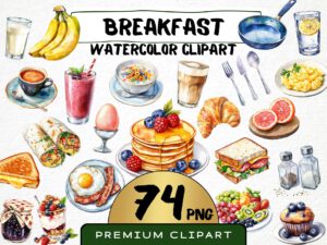 Watercolor Breakfast Clipart 74 Png, Morning Food, Pancakes with Coffee, Cereal, Orange Juice Fruits Jam, Digital Prints, Commercial Use