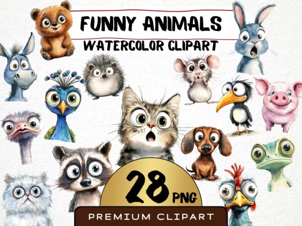 Funny Animals Clipart 28 Png, Cute Caricature Pets, Cat Watercolor, Funny Raccoon, Cartoon Animals, Digital Prints, Sticker Scrapbooking