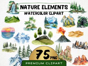 Watercolor Nature Elements Clipart 75 Png, Cute Minimalistic Landscapes, Biomes, Tropical Island, Forest Instant Download, Commercial Use