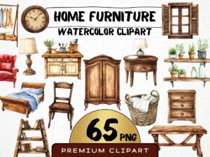 Home Furniture Clipart 65 Png, Vintage Living Watercolor Room Illustration, Table Png, Wooden Chair, Old Classic Furniture Digital Download