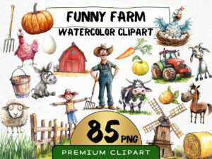 Funny Farm Clipart 85 Png, Funny Cartoon Farmer Watercolor Barn, Fresh Produce, Cartoon Animals, Digital Prints, Quirky Cow, Silly Chicken