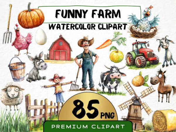 Funny Farm Clipart 85 Png, Funny Cartoon Farmer Watercolor Barn, Fresh Produce, Cartoon Animals, Digital Prints, Quirky Cow, Silly Chicken