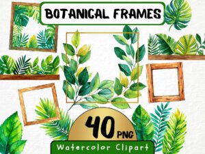 Watercolor Botanical Frames Clipart 40 Png, Tropical Leaves Graphics, Wooden Frame Forest Borders Nature Digital Prints, Commercial Use