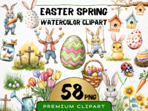 Easter Spring Clipart 58 Png, Cute Caricature Easter Egg, Quirky Rabbit Watercolor, Cartoon Bunny, Cross Digital Prints Commercial Use
