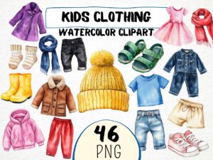 Watercolor Kids Clothing Clipart 46 Png Cute Clothes Graphic, Shirt, Shoes, Pants, Sock, Kindergarden Poster Commercial Use Instant Download