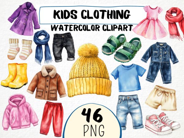 Watercolor Kids Clothing Clipart 46 Png Cute Clothes Graphic, Shirt, Shoes, Pants, Sock, Kindergarden Poster Commercial Use Instant Download