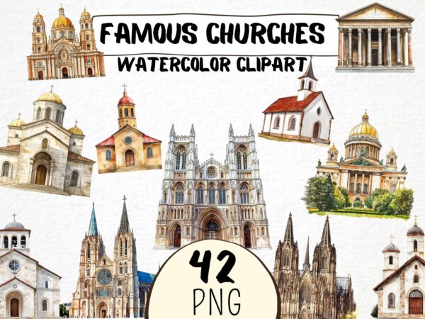 Famous Churches Clipart Png, Watercolor Church Notre Dame Cathedral, St. Peters Basilica, Catholic Church, Protestant Church Building Art