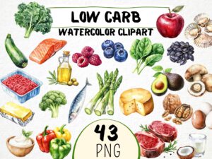 Low Carb Food Clipart Watercolor Vegetable png, Healthy Low Carbs Diet Digital Art, Nuts, Berries and Fish Meats, Commercial Use, Download