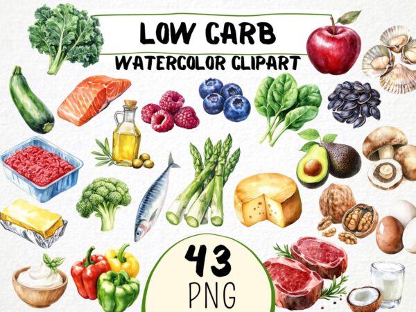 Low Carb Food Clipart Watercolor Vegetable png, Healthy Low Carbs Diet Digital Art, Nuts, Berries and Fish Meats, Commercial Use, Download