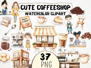 Cute Coffeeshop 37 Png, Watercolor Café Art, Barista, Girl with Coffee Cup, Break, Decor Art, Digital Download, Digital Art, Commercial Use
