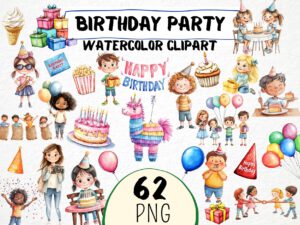 Watercolor Kids Birthday Party Clipart 62 Png, Cartoon Birthday Balloon Invitation Illustration, Gifts, Digital Prints, Instant Download