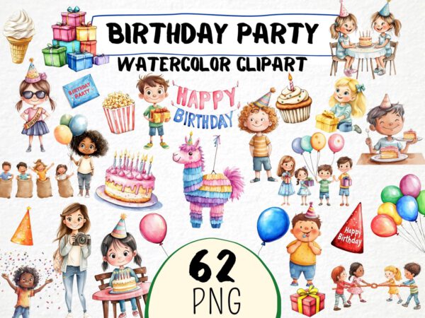 Watercolor Kids Birthday Party Clipart 62 Png, Cartoon Birthday Balloon Invitation Illustration, Gifts, Digital Prints, Instant Download