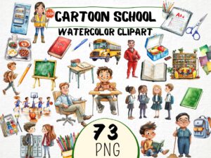 Cartoon School Watercolor Clipart 73 Png, Funny Elementary School Kids, Teacher Digital Prints, Schoolbus, Instant Download, Scrapbooking