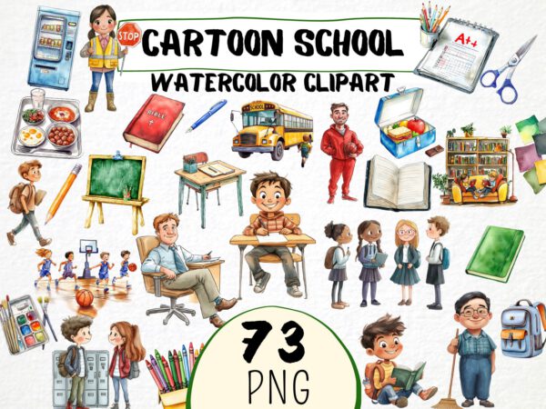 Cartoon School Watercolor Clipart 73 Png, Funny Elementary School Kids, Teacher Digital Prints, Schoolbus, Instant Download, Scrapbooking