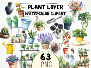Plant Lover Clipart 62 Png,  Watercolor Homegrown Plants, Tulip Flower, Herbs Botanical Healthy Art, Vegan Life Digital Art Commercial Use