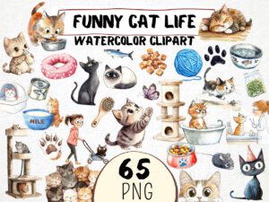 Funny Cat Life Clipart 65 Png, Cute Kitten Watercolor, Quirky Cat, Pet owner Gift, Cat Tree Cartoon, Baby Kitty Digital Download Prints