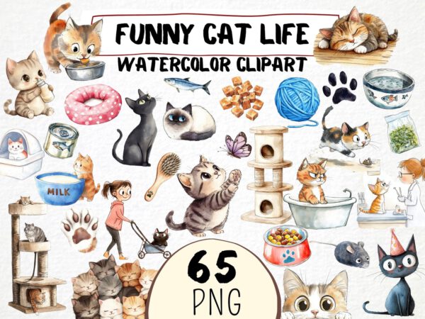 Funny Cat Life Clipart 65 Png, Cute Kitten Watercolor, Quirky Cat, Pet owner Gift, Cat Tree Cartoon, Baby Kitty Digital Download Prints