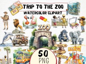 Watercolor Trip to the Zoo Clipart 50 Png, Cartoon School Kids at Zoo, Animals Illustration, Funny Lion Digital Prints, Instant Download